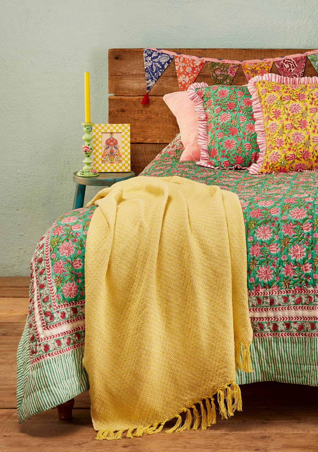 Sanganeri Block Print Reversible Quilt - Sea Green