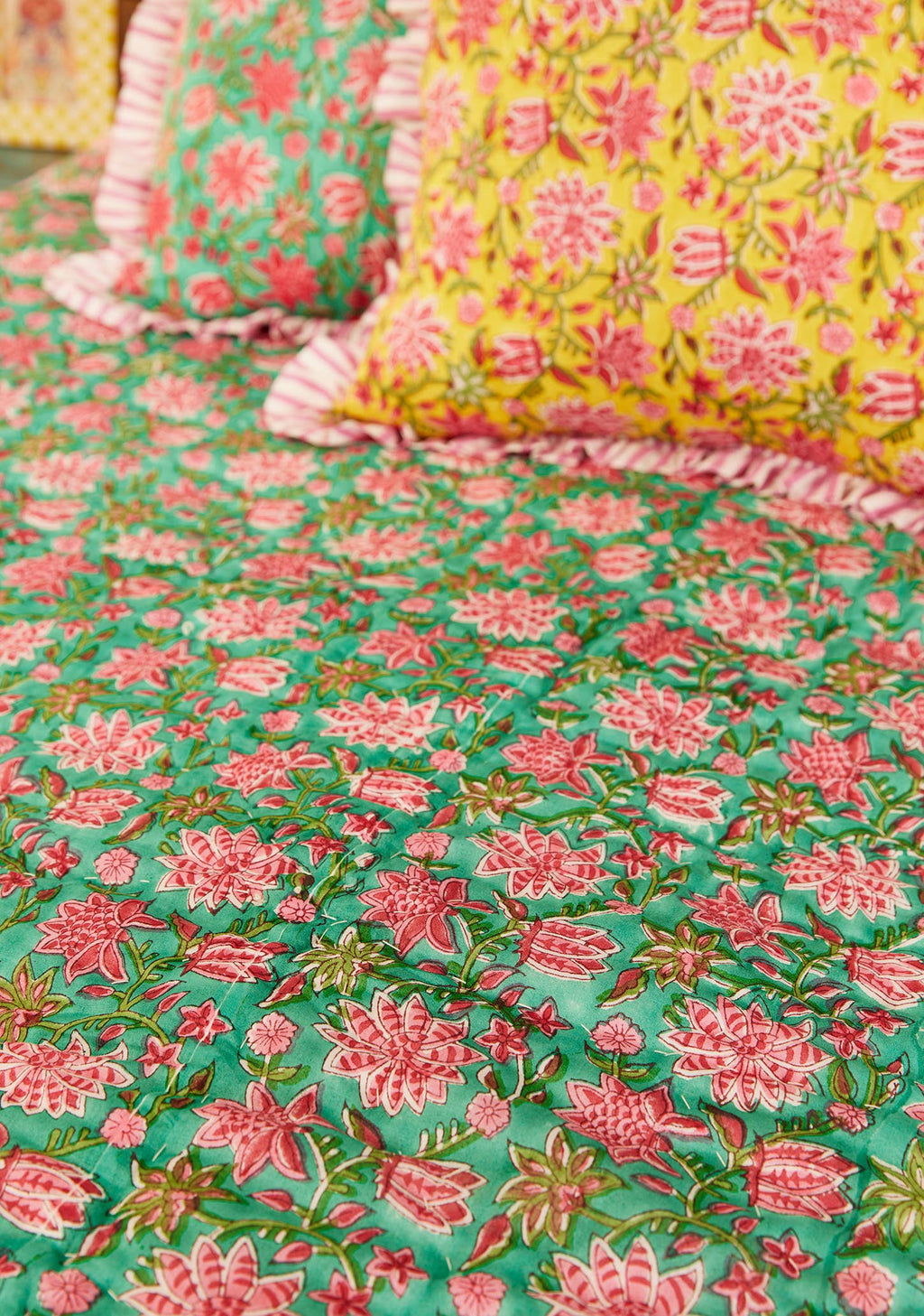 Sanganeri Block Print Reversible Quilt - Sea Green