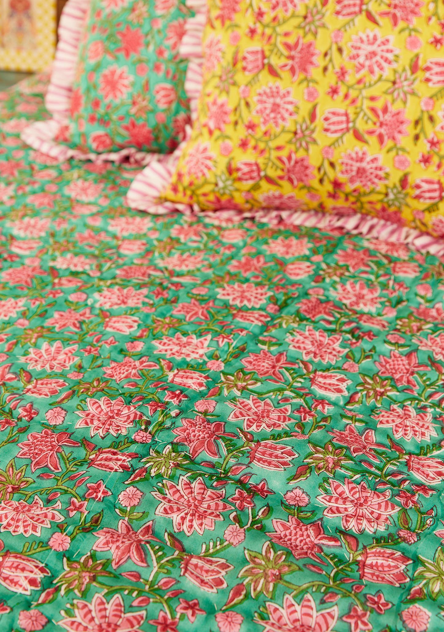 Sanganeri Block Print Reversible Quilt - Sea Green