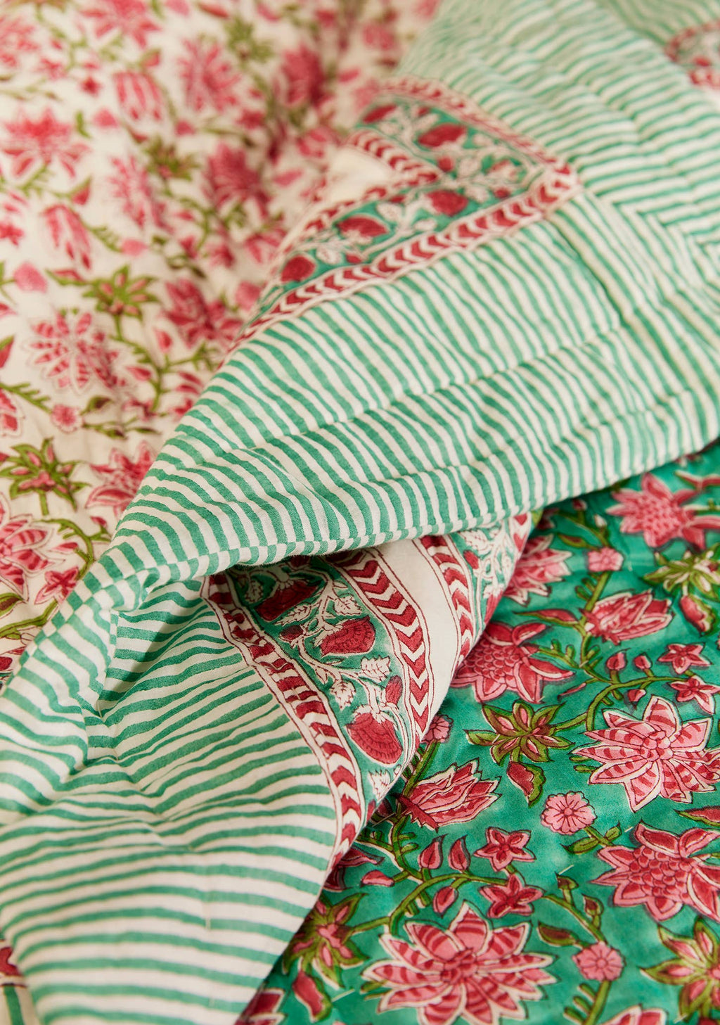 Sanganeri Block Print Reversible Quilt - Sea Green