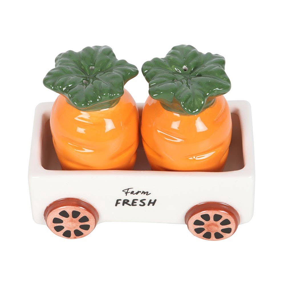 Carrot Shaped Ceramic Salt and Pepper Shakers in Wagon