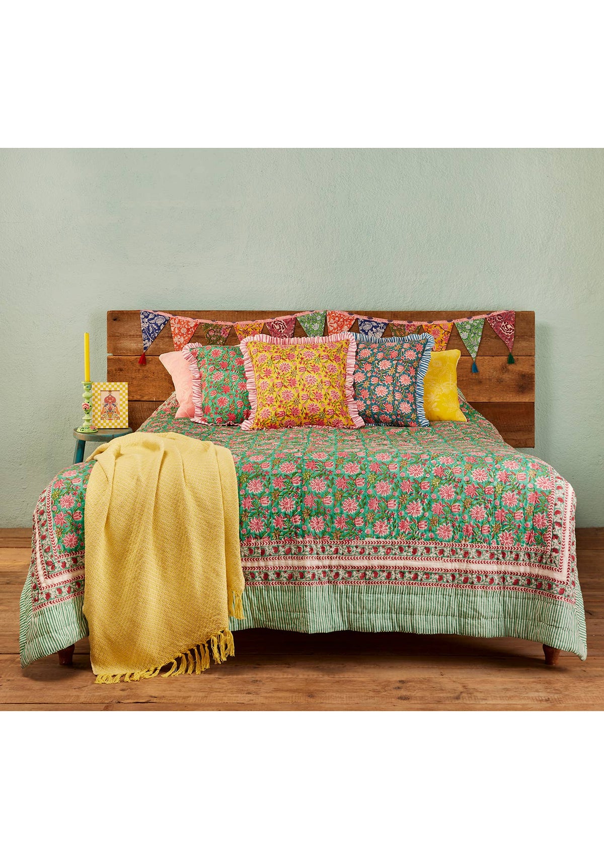 Sanganeri Block Print Reversible Quilt - Sea Green