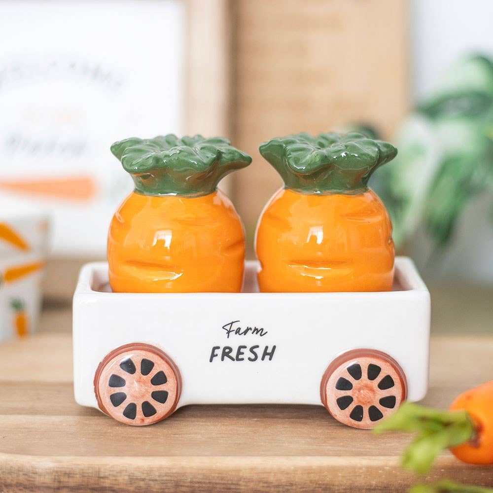 Carrot Shaped Ceramic Salt and Pepper Shakers in Wagon