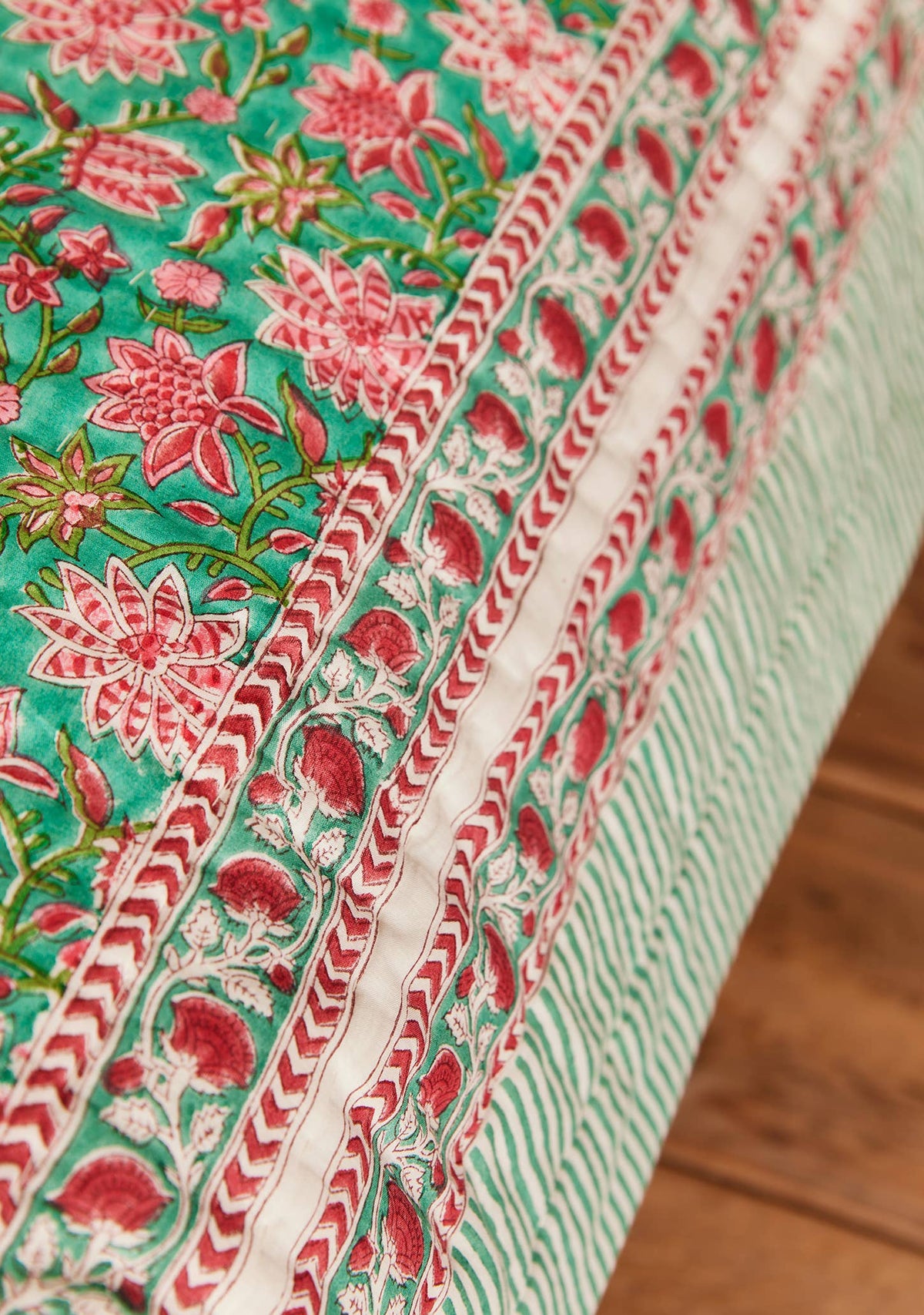 Sanganeri Block Print Reversible Quilt - Sea Green