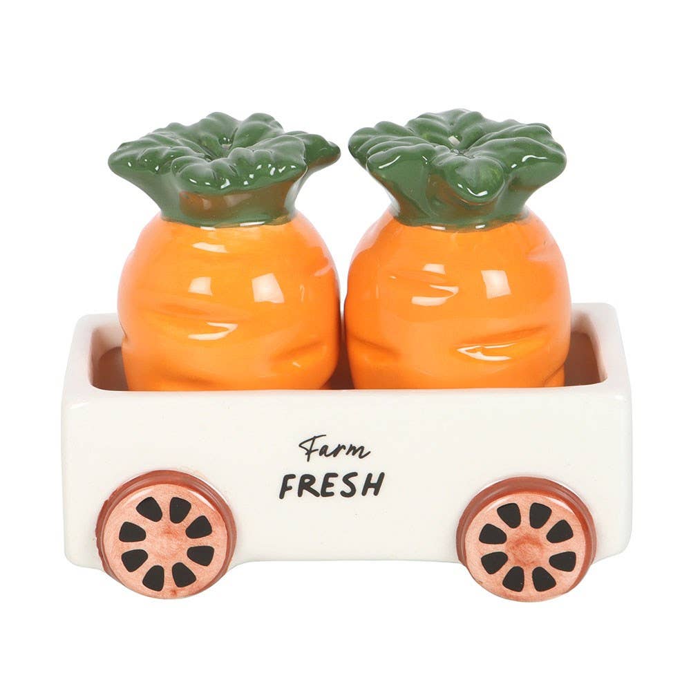 Carrot Shaped Ceramic Salt and Pepper Shakers in Wagon