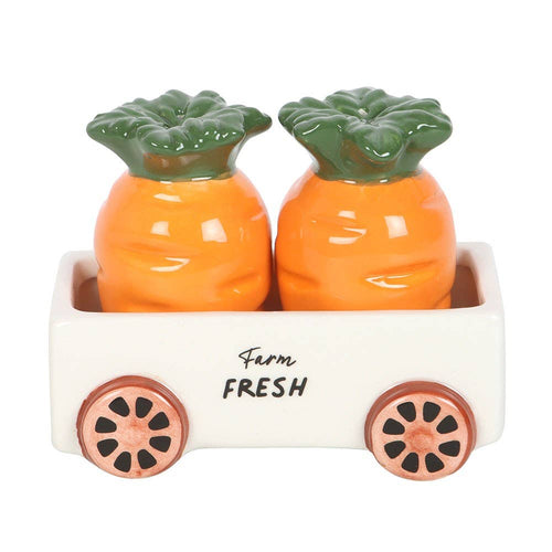 Carrot Shaped Ceramic Salt and Pepper Shakers in Wagon
