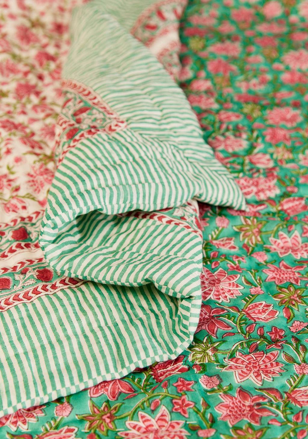 Sanganeri Block Print Reversible Quilt - Sea Green